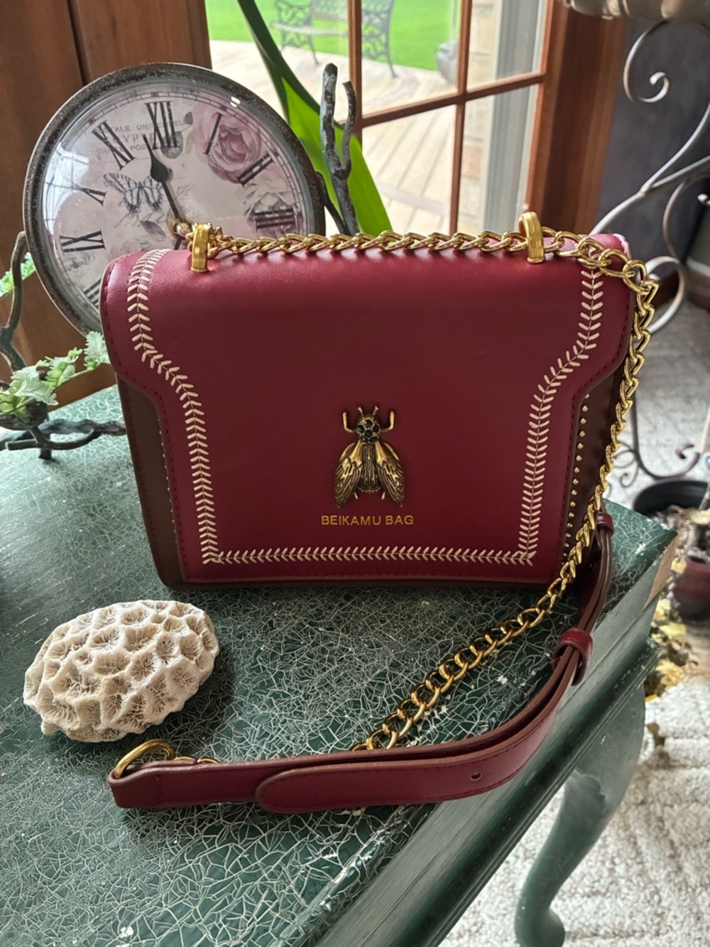 Beikamu Burgundy Leather Crossbody Bag with Gold Chain & Emblem